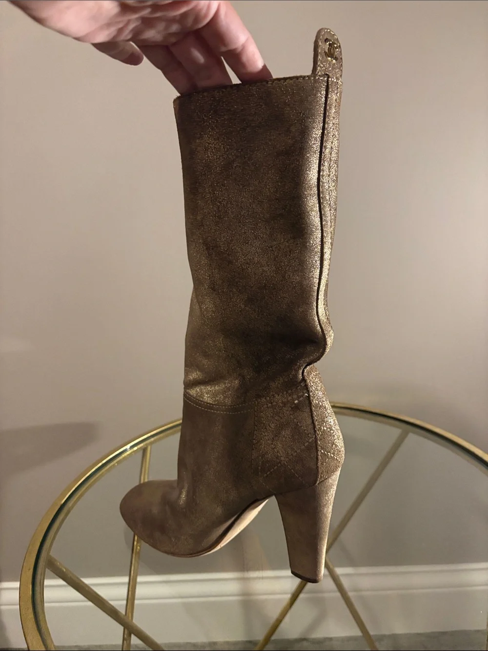 CHANEL Metallic Gold High Heel Mid-Calf Boots - Women